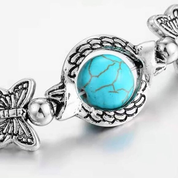 Dainty Feminine Silver Tone Faux Turquoise Butterfly Bracelet - Picture 2 of 5
